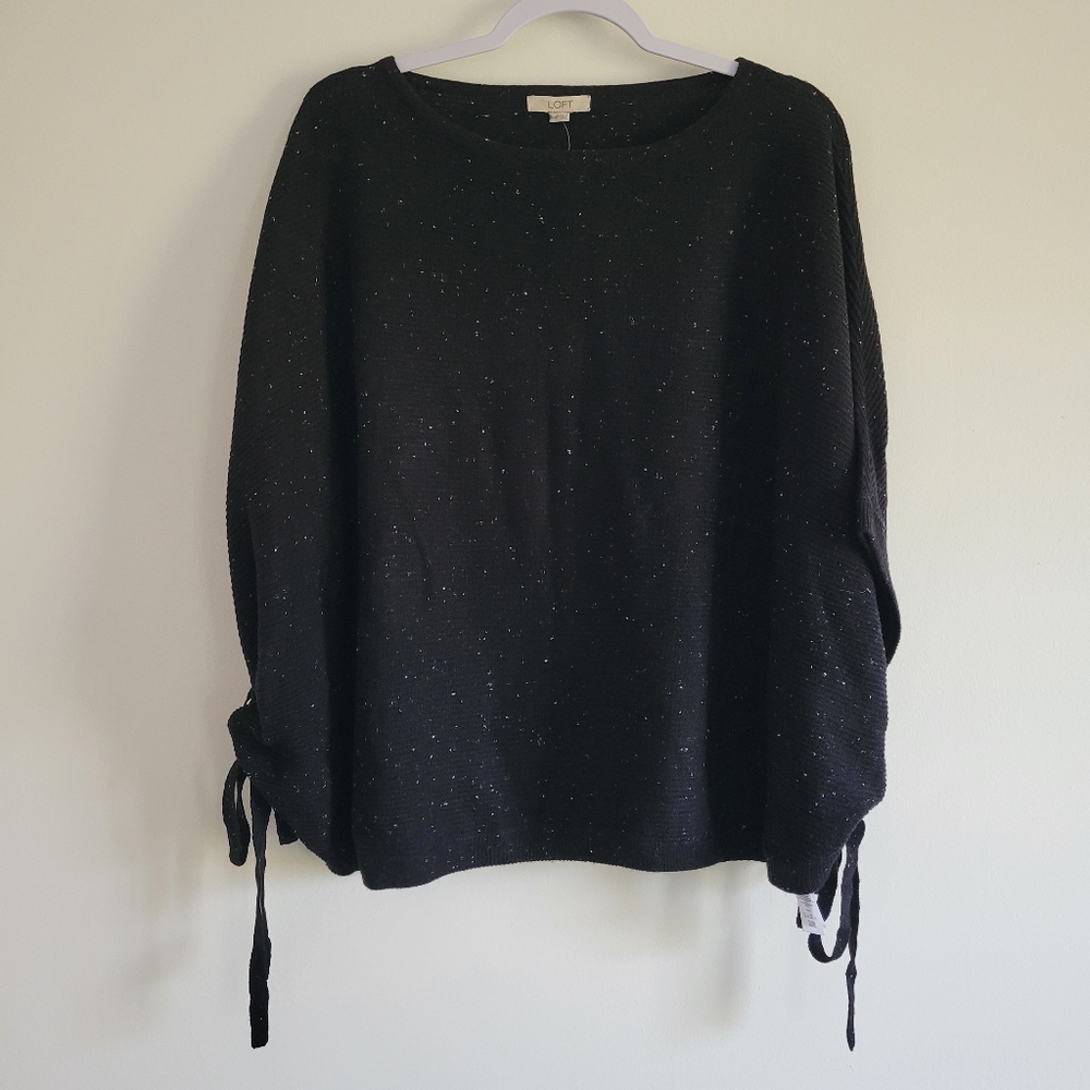LOFT Wool Blend Flecked Minimalist Boho Chic Black Poncho M/L NWT
